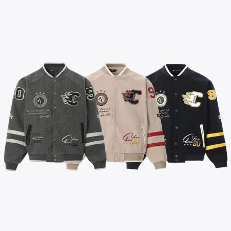 Full view embroidered badge varsity baseball jacket in multicolor