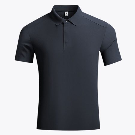 Navy blue men’s tech performance polo shirt front view, short sleeve