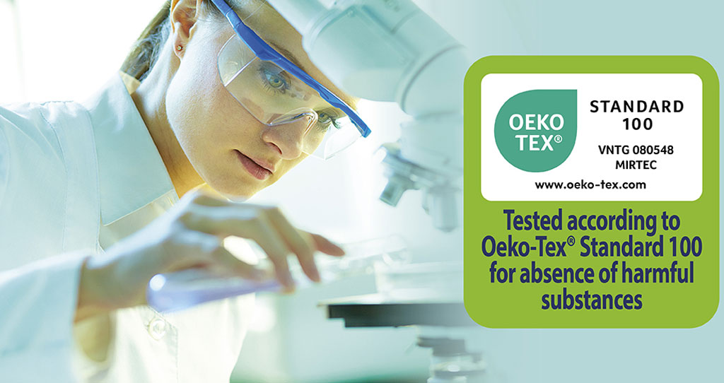 OEKO-TEX Standard 100 lab testing image with certification label showing textiles tested for absence of harmful substances before bulk production.