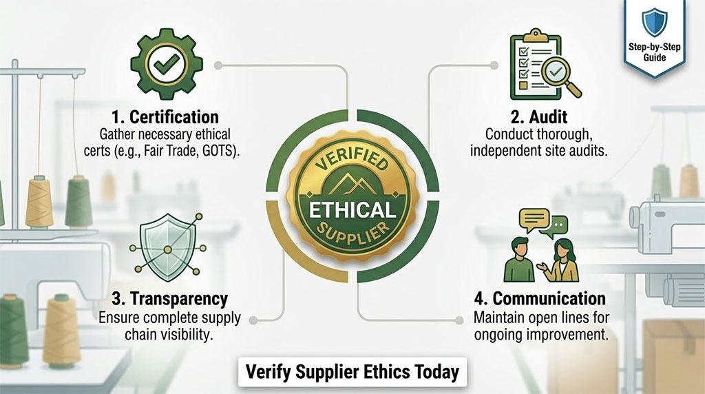 Infographic showing certification, audit, transparency, and communication steps for ethical sourcing.