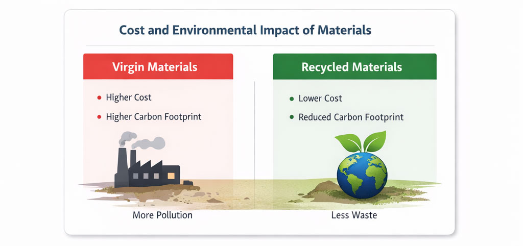 Infographic comparing the environmental and cost impact of virgin versus recycled materials used in outdoor apparel production.