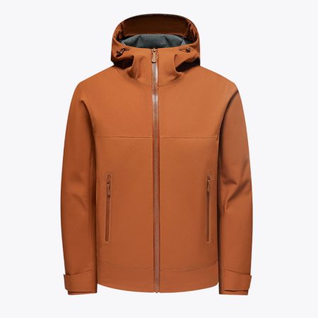 Simmerui waterproof windproof outdoor jacket in spruce-yellow with hood front view