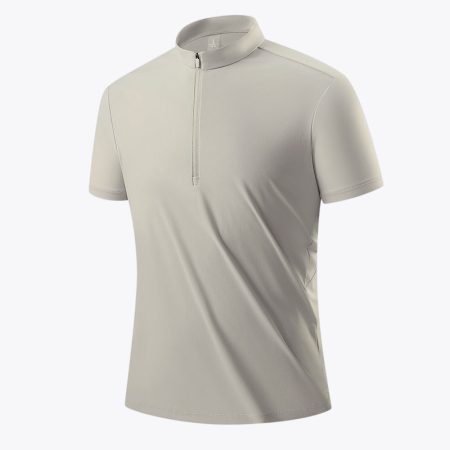 Simmerui men’s fitness quick-dry t-shirt, short sleeve half-zip stand collar, apricot