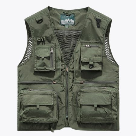 SimmerUI Army Green Outdoor Multi-Pocket Utility Cargo Fishing Vest Front View.