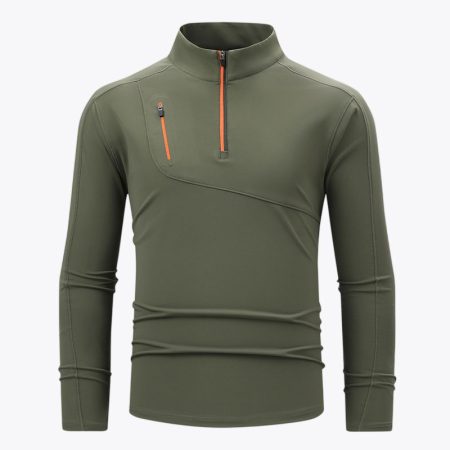 Simmerui men’s long sleeve athletic t-shirt with half-zip stand collar, army green