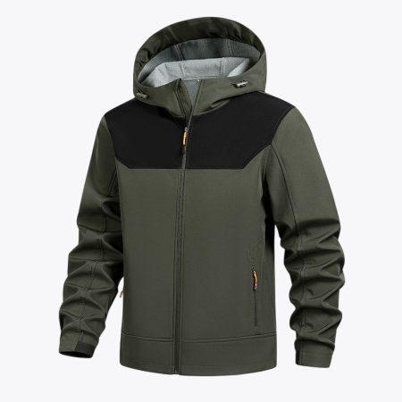 Men’s army green hooded outdoor softshell jacket with color-block design (front view)