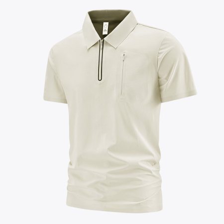 Front view of Simmerui seamless zipper polo shirt in beige, showing full design.