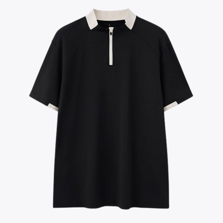 Black tennis patchwork short sleeve t-shirt with contrast collar and half zip