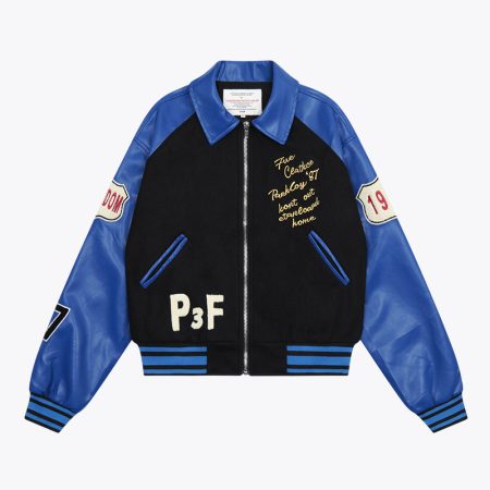 Simmerui letter-embroidered bomber jacket, blue sleeves front view