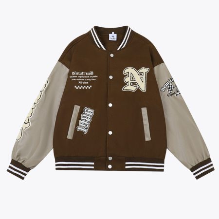 Brown varsity jacket with PU sleeves, front view