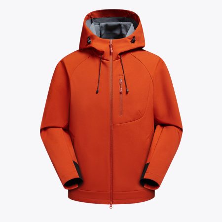 Front view of Simmerui men’s waterproof outdoor jacket in brown-red color