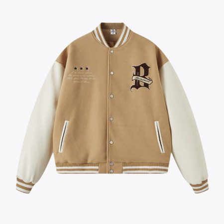 Men’s camel embroidered baseball jacket front view, wool body and leather sleeves