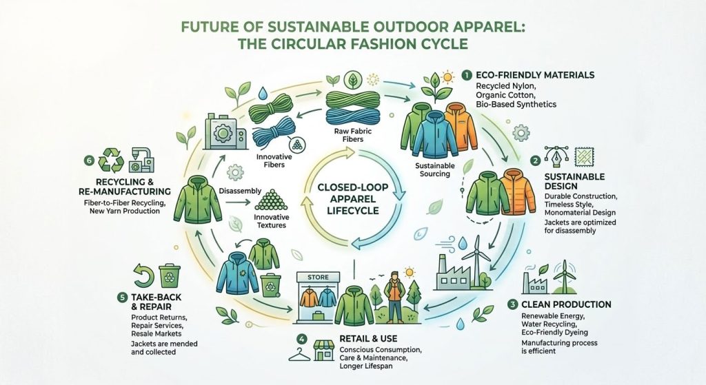 Circular fashion cycle for sustainable outdoor apparel showing eco-friendly materials, recycling, and reuse loop