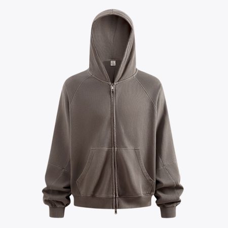 coffee washed boxy fit cardigan hoodie front view, long sleeves, relaxed casual style.