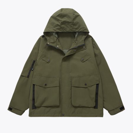 Simmerui green Teflon triple protection shell jacket, hooded outdoor jacket front view, multi-pocket utility design