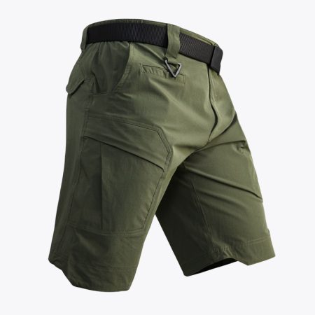 green quick-dry tactical shorts with belt and cargo pockets, side view