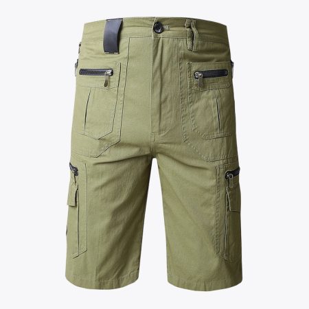 light green men's outdoor cargo shorts with multiple zip pockets front view