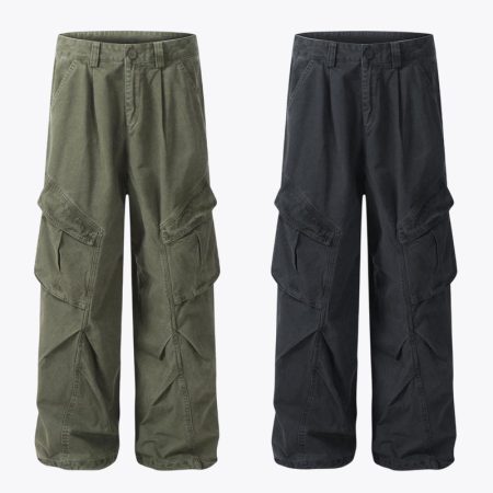 Full-length view of dark grey washed distressed wide-leg trousers front and back