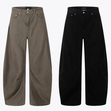 Simmerui wide-leg denim curved pants in coffee, showing high waist and relaxed fit