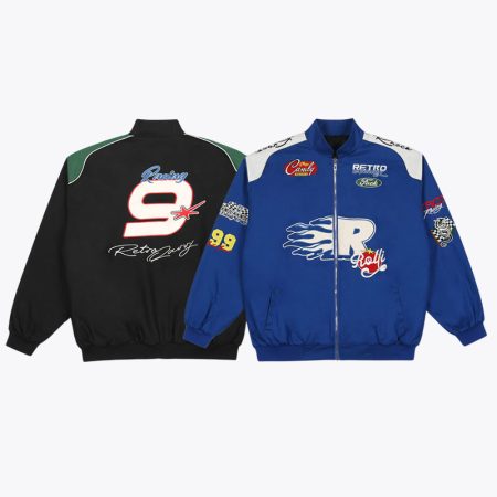 Simmerui letter embroidered motorcycle jacket, front view