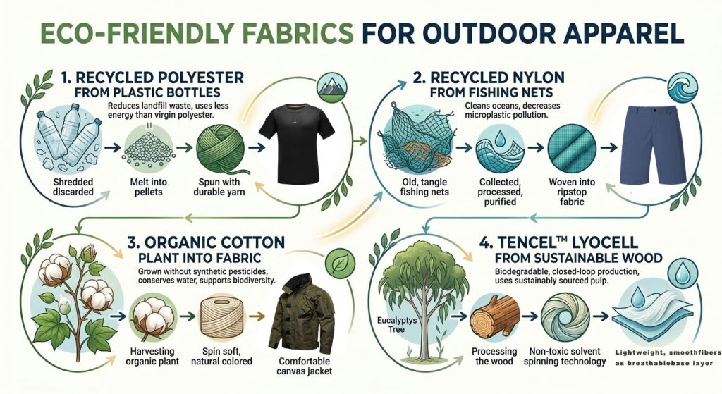 Infographic of sustainable fabrics for outdoor clothing including recycled polyester, recycled nylon, and organic cotton