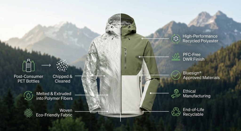 Technical outdoor jacket made with recycled materials and eco-friendly production processes for sustainable apparel