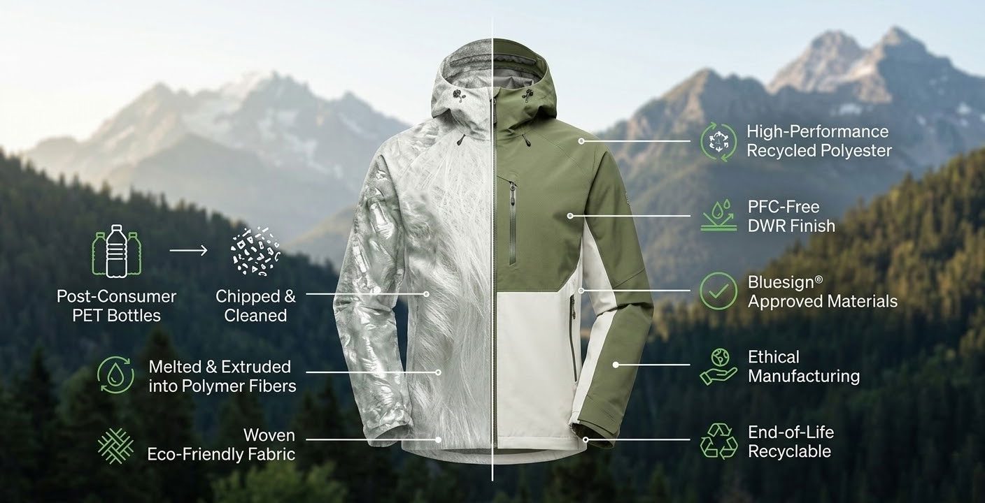 Technical outdoor jacket made with recycled materials and eco-friendly production processes for sustainable apparel