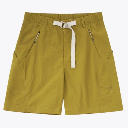 tea green Cordura scimitar shorts front view with belt and zip pockets