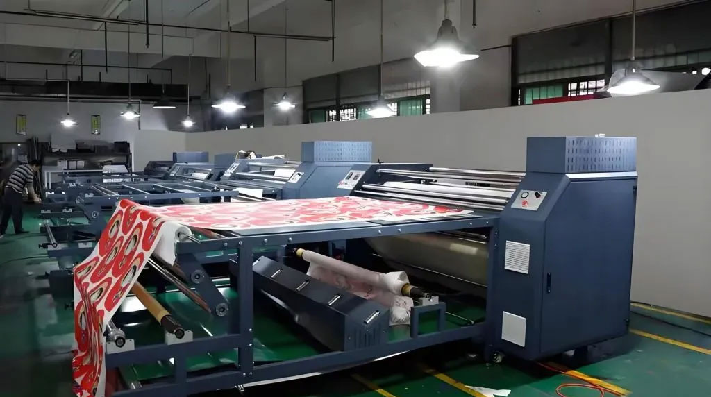 Image of digital fabric printing machines in an apparel factory.
