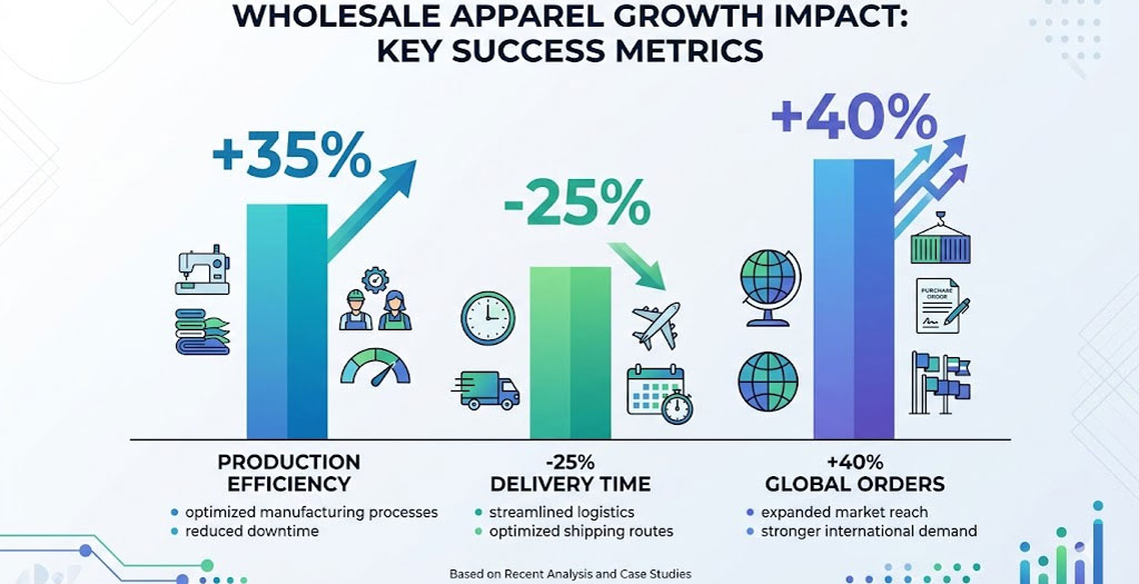 Wholesale apparel growth chart showing +35% production efficiency, -25% delivery time, +40% global orders