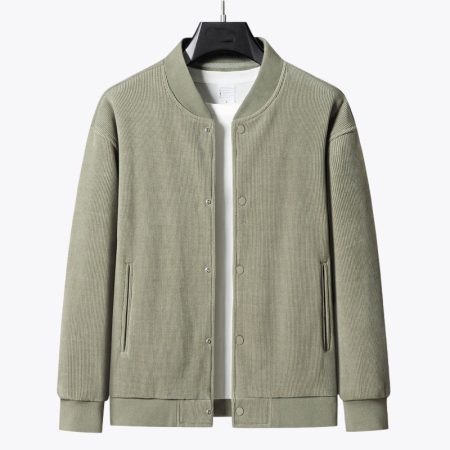 Simmerui heavyweight corduroy baseball jacket in bean-green with snap-button front and ribbed hem