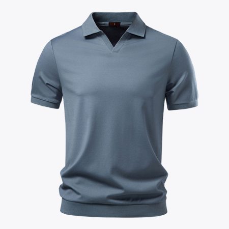 Men’s seagull collar polo shirt in denim-blue, front view, casual summer style