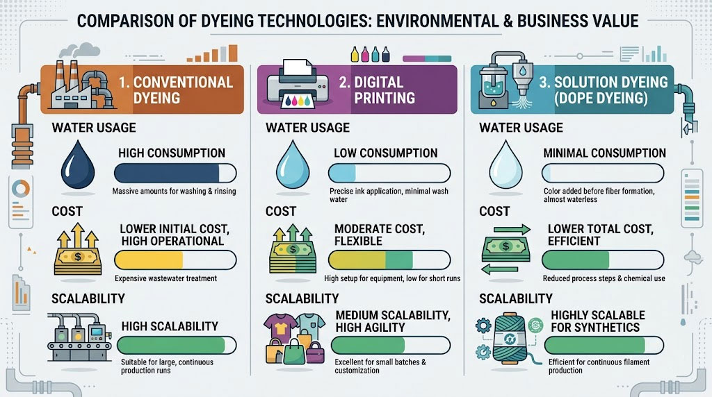 Infographic comparing conventional dyeing, digital printing, and solution dyeing: water use, cost, scalability.