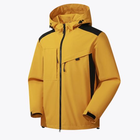 Men’s earthy-yellow colorblock waterproof jacket with hood and full front zipper.