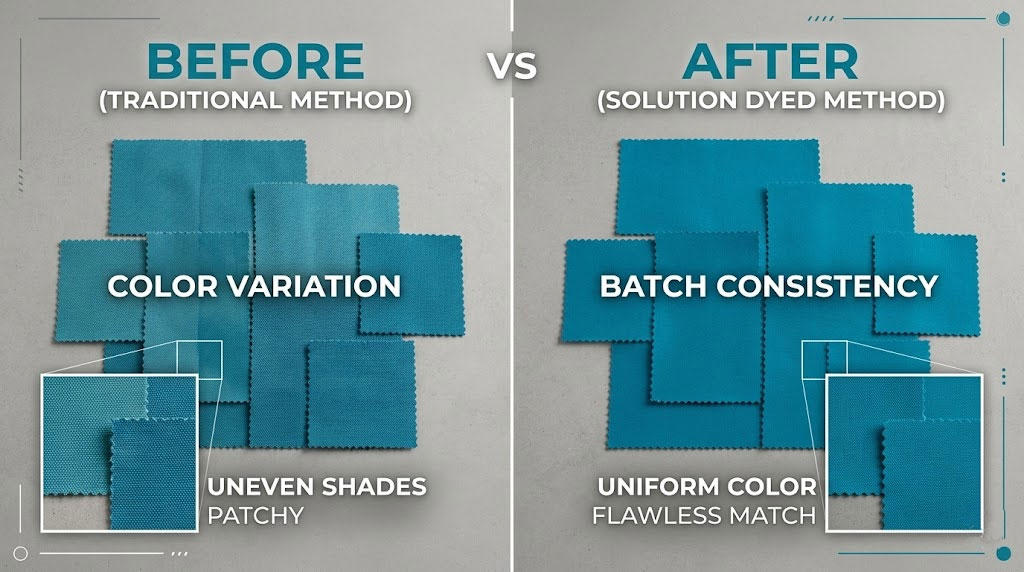 Fabric color consistency comparison showing uneven shades in traditional dyeing vs. uniform color in solution dyeing.