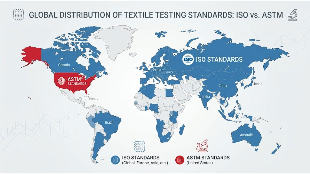 World map showing ISO standards globally and ASTM standards in the US.