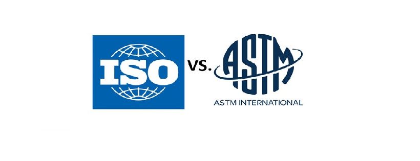 ISO vs ASTM logos for international textile testing standards comparison.