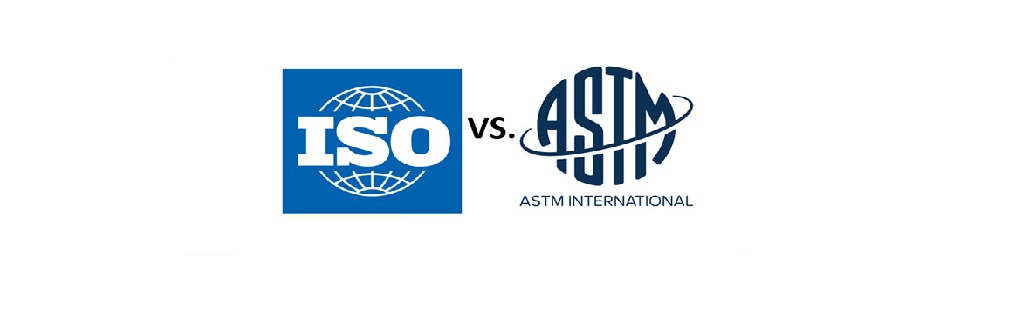 ISO vs ASTM logos for international textile testing standards comparison.