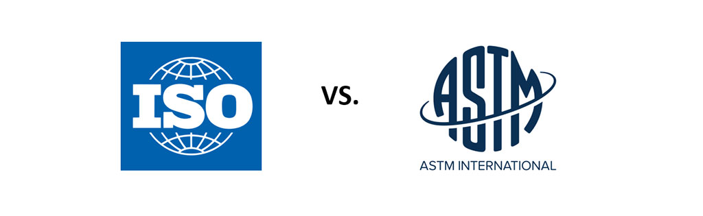 ISO vs ASTM logos for international textile testing standards comparison.