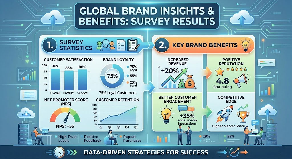 Infographic displaying global brand survey results including customer satisfaction, brand loyalty, NPS score, revenue growth, and market advantages