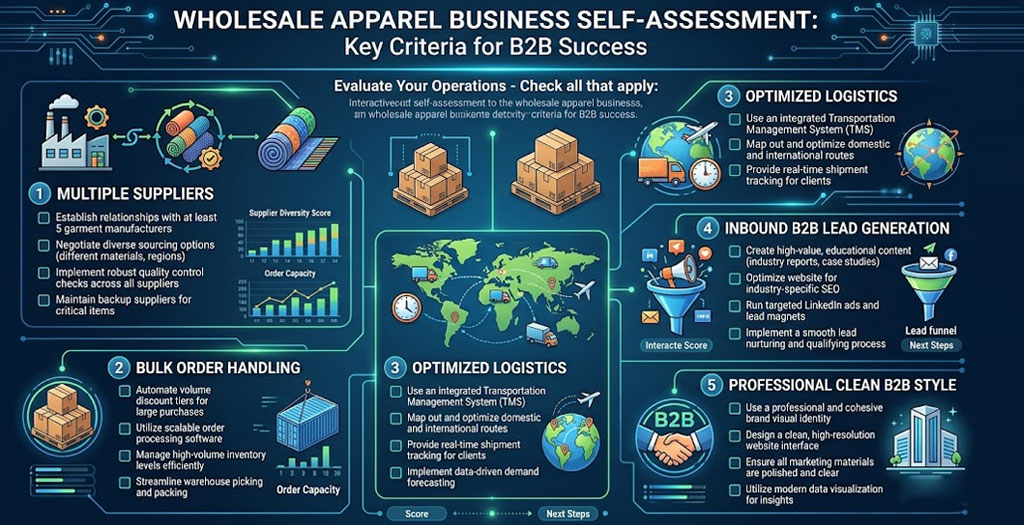 B2B apparel self-assessment infographic showing supplier diversity, bulk handling, logistics, lead generation, and clean brand style