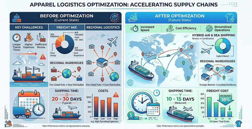 Apparel logistics comparison infographic showing shipping time reduced from 20-30 days to 10-15 days and 18% cost reduction