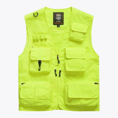 Front view of men's mesh-lined casual fishing vest in luminous-yellow