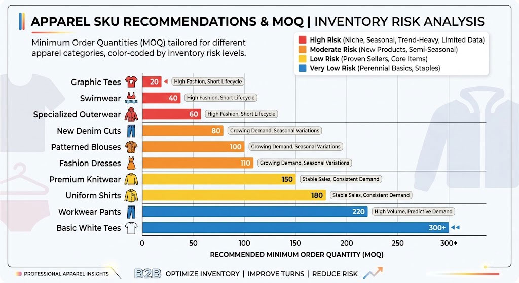 Apparel SKU recommendations and MOQ chart showing inventory risk levels for different clothing categories