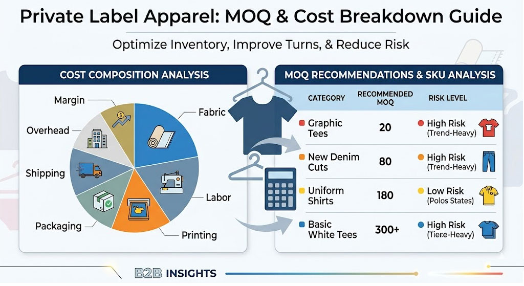 MOQ and cost breakdown guide for private label apparel with inventory planning and SKU risk analysis