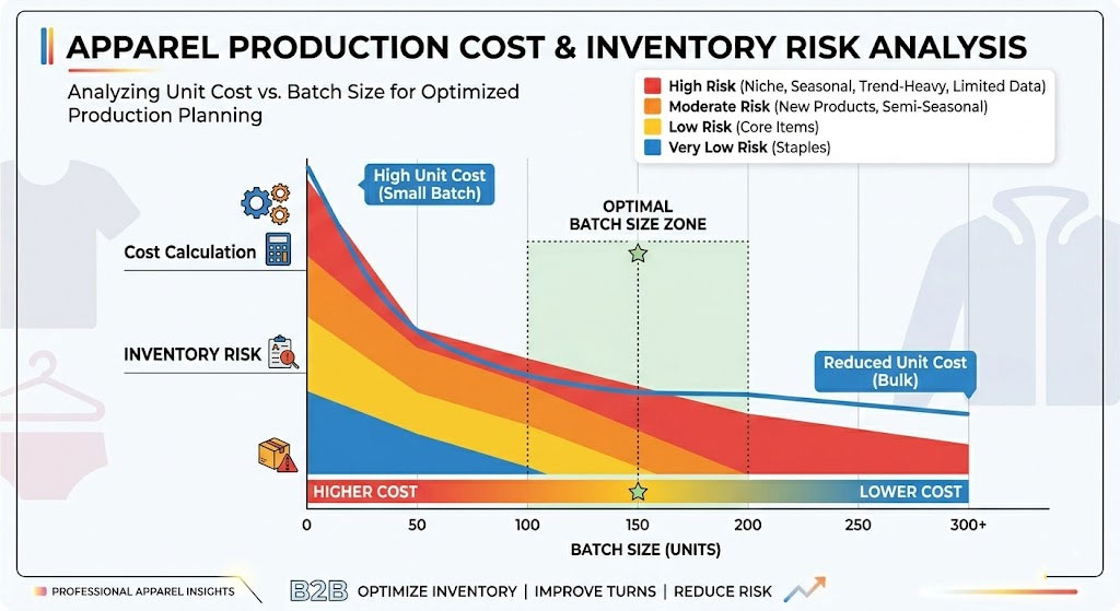 Apparel production cost and inventory risk analysis comparing batch size unit cost and optimal MOQ zone