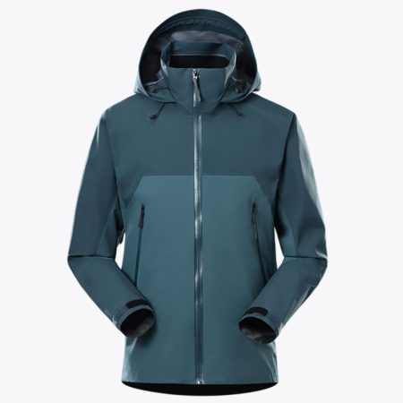 Front view of Simmerui men’s peacock-blue waterproof hardshell jacket with zip closure and hood.