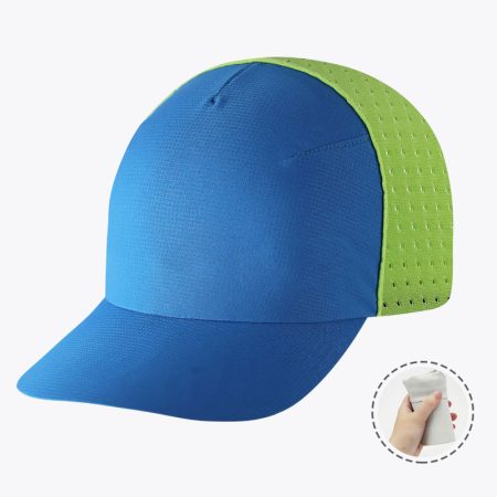 Rear view of neon green mesh quick-drying foldable cap with adjustable strap