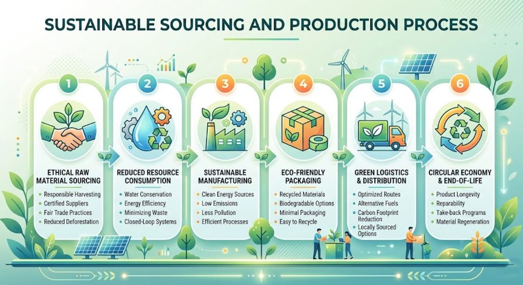 Sustainable sourcing and production process infographic illustrating ethical raw material sourcing, reduced resource consumption, sustainable manufacturing, eco-friendly packaging, green logistics, and circular economy