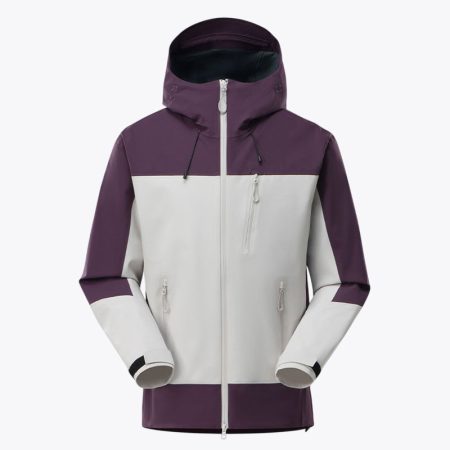 Front view of men’s lightweight waterproof hard-shell jacket in purple with hood.